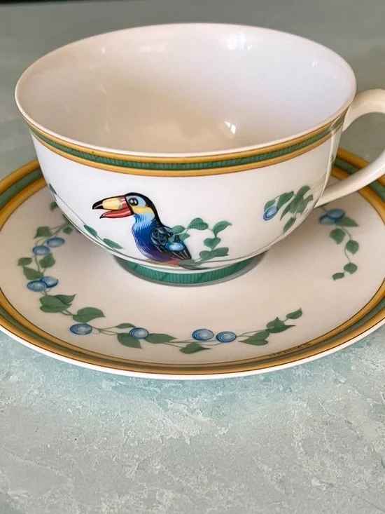 Rare Hermès Toucans Limoges Porcelain Large Breakfast Cup & Saucer Set of 2
