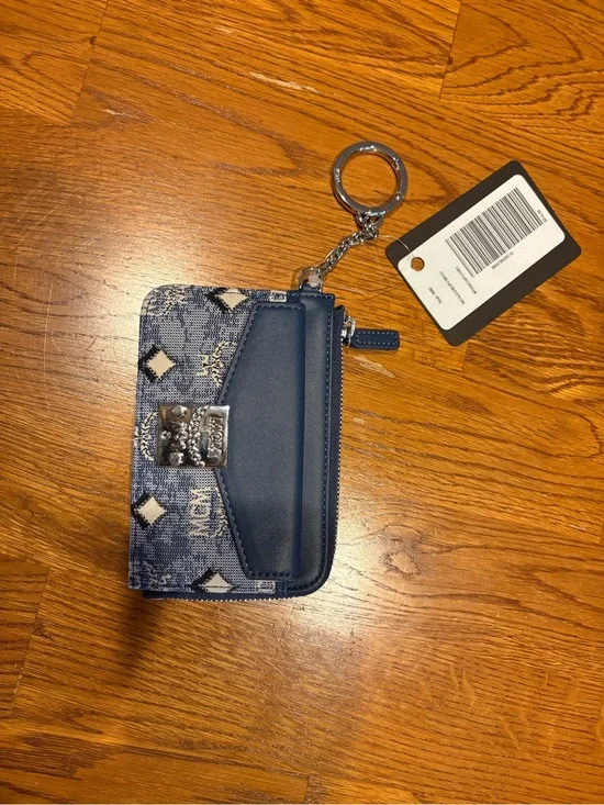 MCM Blue Monogram Leather Trim Key Pouch