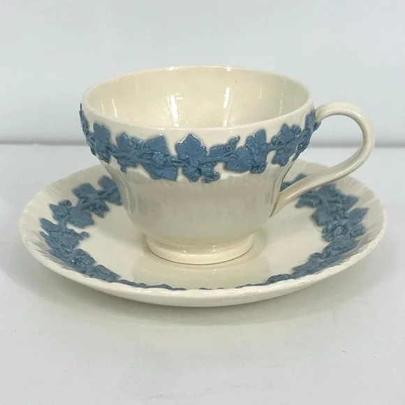 Wedgwood Embossed Queens Ware Tea Cup Saucer Lavender Blue Cream 8‎ Available