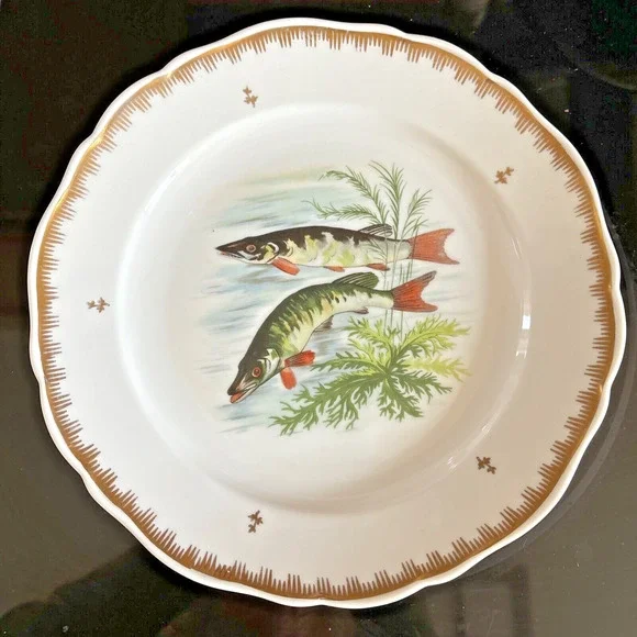 Hand Painted Fish Pattern Porcelain Dinner Plate Made In France Gold Gilt Rim