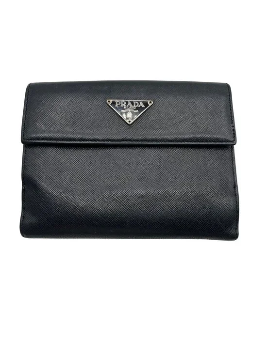Prada Saffiano Black Leather Flap Wallet