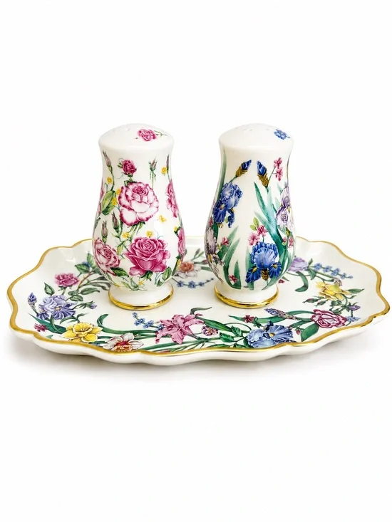 Vintage Lenox Flower Blossom Suzanne Clee Candy Tray Salt Pepper Shaker Set 1999