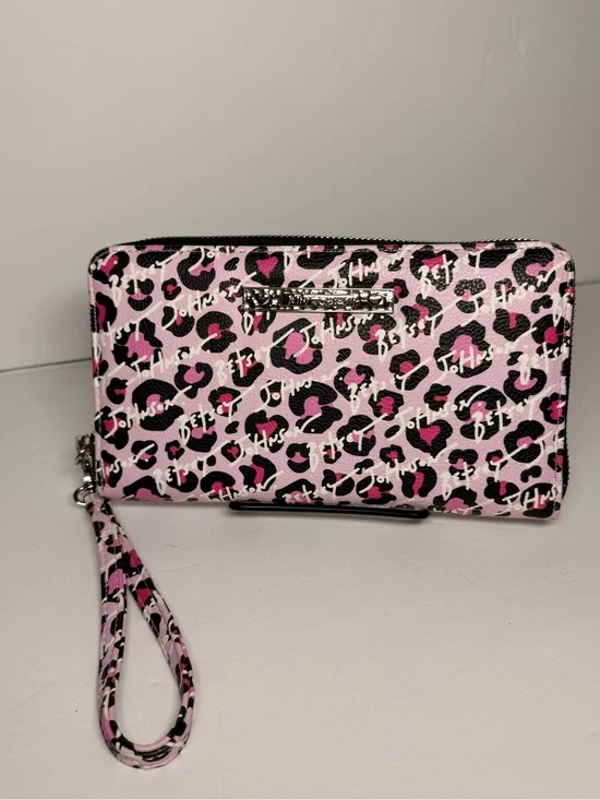 Betsey Johnson Pink & Black Leopard Print Zip-Around Wristlet Wallet
