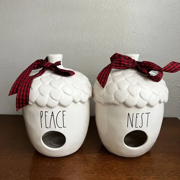 Rae Dunn Lot of 2 Nest Peace Acorn Birdhouses White Christmas Holiday
