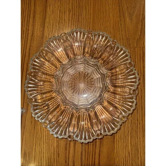 Vintage MCM Anchor Hocking 896 Glass Deviled Egg Plate Scalloped Edge ~9 1/2 Dia