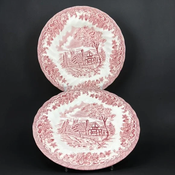Churchill Pink Transferware Bread and Butter Plates Set 2 English Cottage 6.5