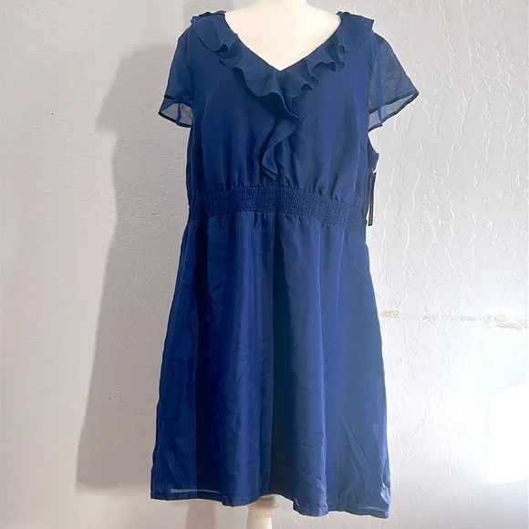 Medina Blue Ruffle V Neck Dress