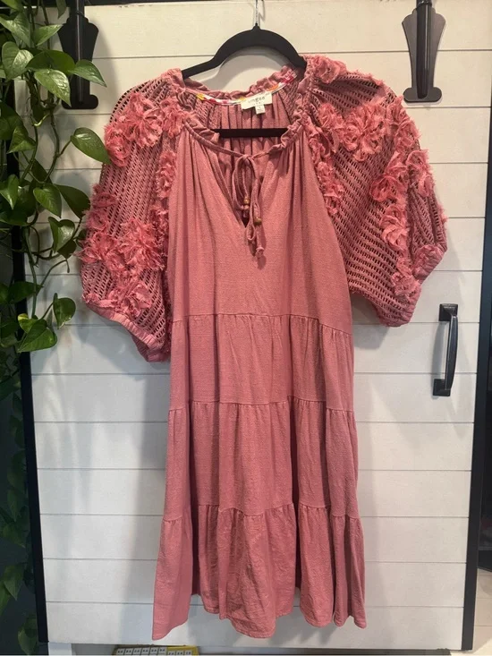 Umgee Mauve Pink Crochet Sleeve Mini Dress
