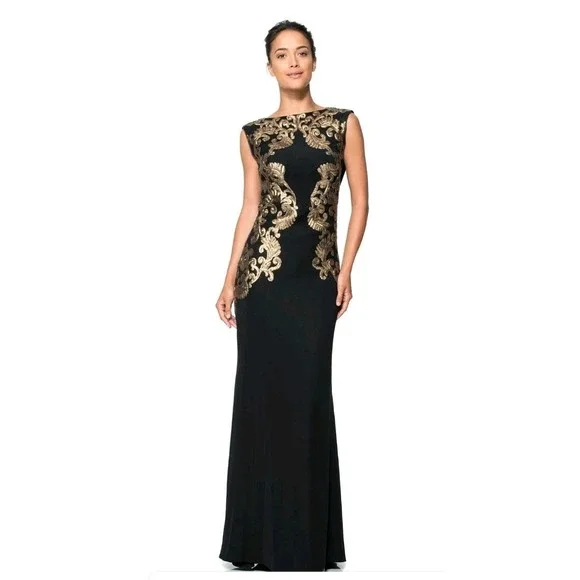 Tadashi Shoji Crepe Draped Open Back Gown Dress Women's 6 Black Gold Paillette
