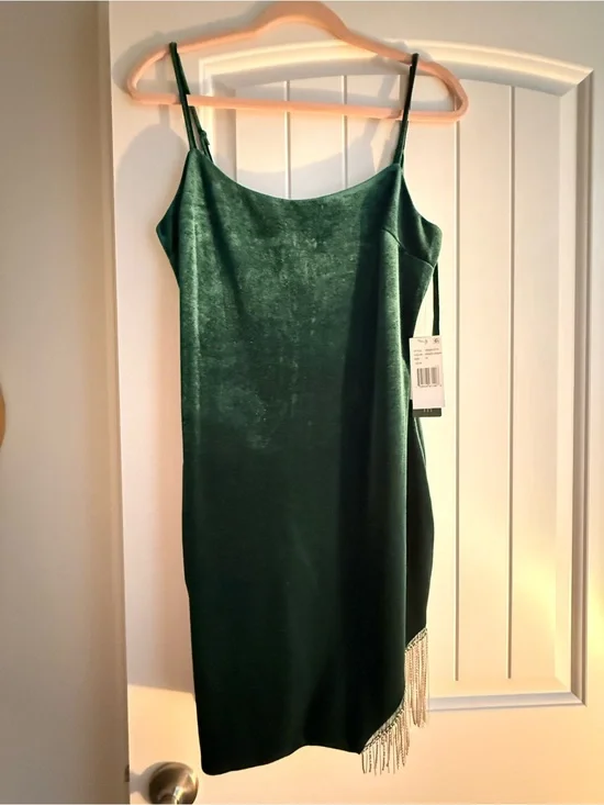 Emerald Green Velvet Slip Dress with Fringe