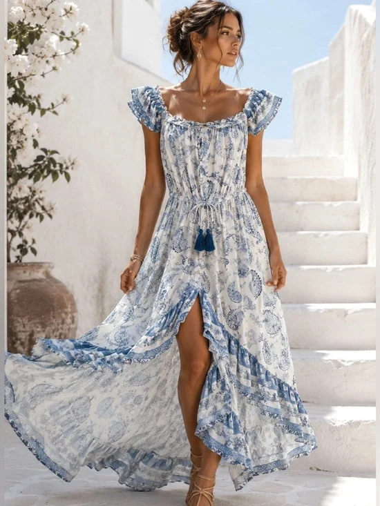 Boho Hi Low Maxi Dress Blue White Floral Ruffle Small Cottagecore