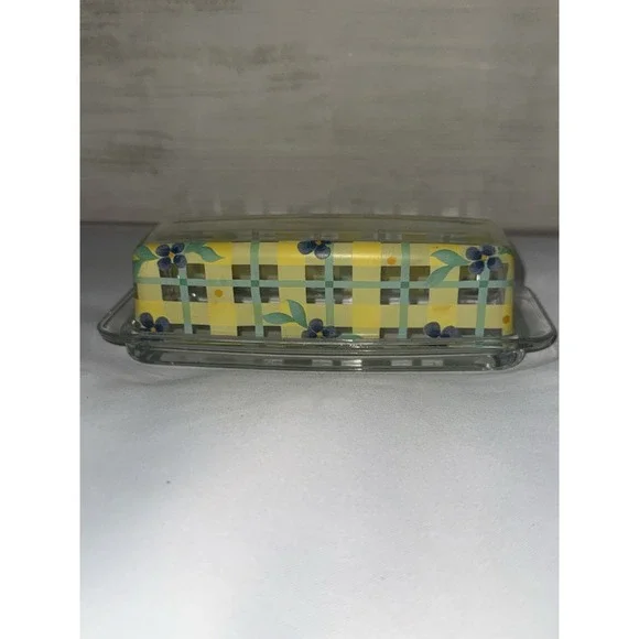 Clear and Patterned‎ Glass Butter Dish with Lid Plaid Floral