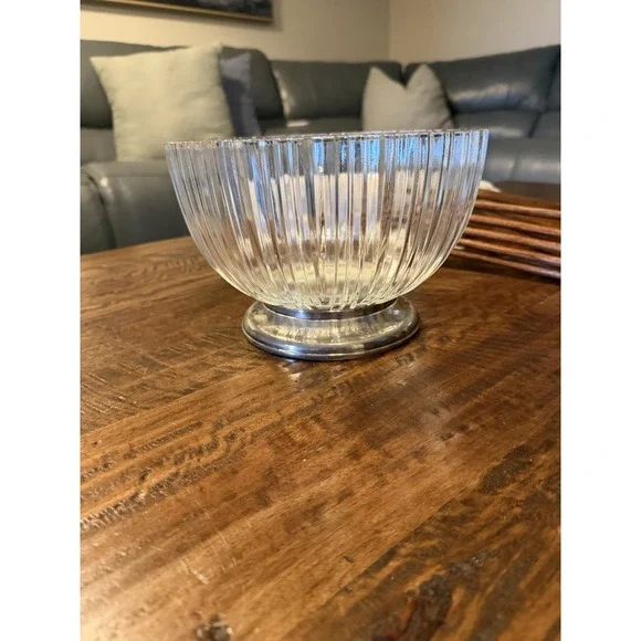 Vintage Made in Italy Ribbed Glass Pedestal Bowl Chrome Base Centerpiece Fruit