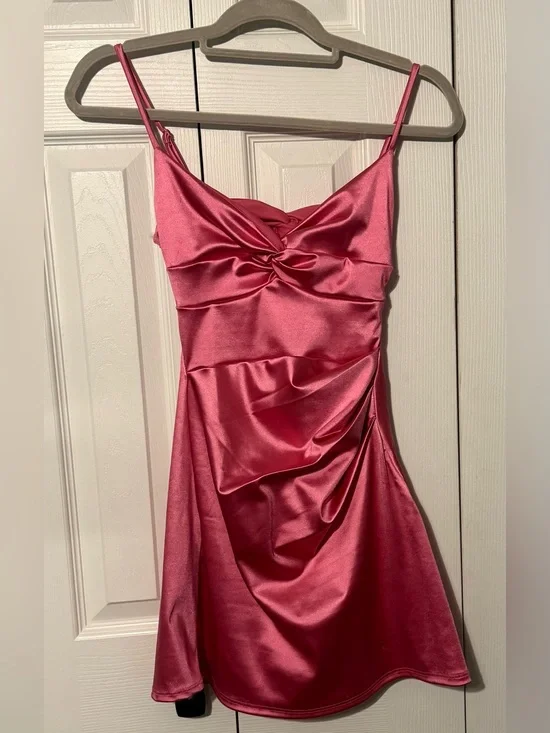 Pink Satin Twist-Front Spaghetti Strap Mini Dress- NEW WITH TAGS