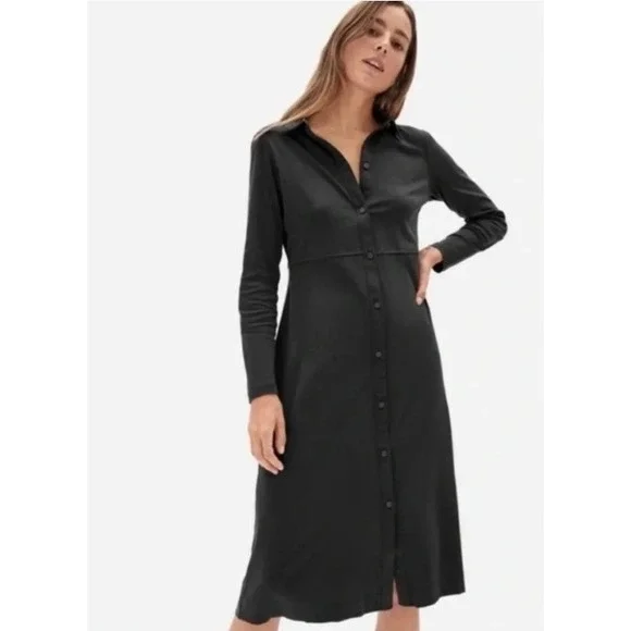 Everlane The Luxe Cotton Shirt Dress Size S Black Long Sleeve Button A-Line