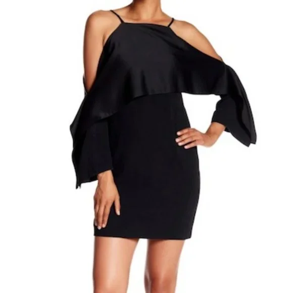 TRINA TURK Dress 4 Black Cold‎ Shoulder Flutter Sleeve Flounce Cocktail Sheath