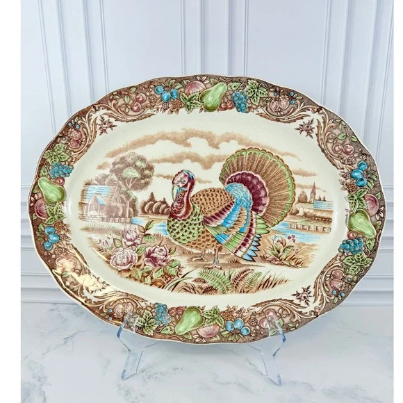 VTG SM Japan Large Turkey Transferware Platter Brown Multicolor 18
