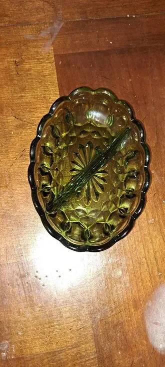 Vintage Olive Green Pressed Glass Divided Relish Dish / Candy Nut Bowl Scalloped