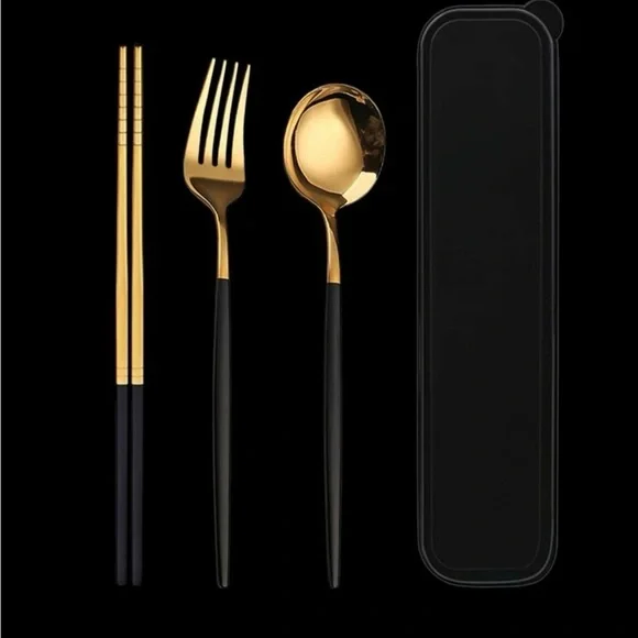 Gold and Black Cutlery Set with Case - Elegant Dinnerware