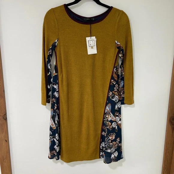 THML Butterfly Print‎ Mixed Media Dress Womens XS Mustard Yellow Ribbed | Boho