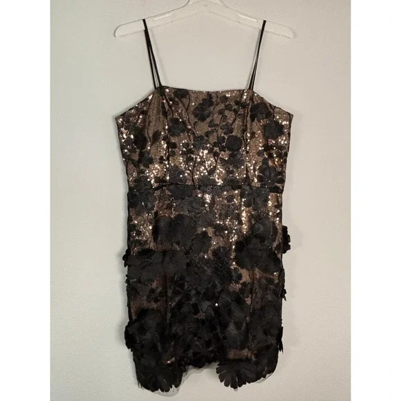 Altar'd State Rose Gold Sequin Black 3D Floral Lace Mini Dress XL Cocktail Party