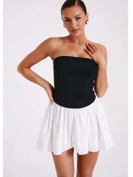 Meshki Black Strapless Bodice with White Flared Mini Skirt