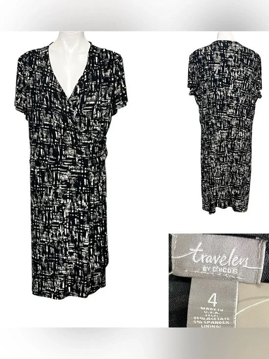 Chico's Travelers dress XXL/20 Black/White Faux-Wrap stretch knee length