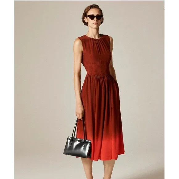 J.Crew Cinched-waist Midi Dress Dip-dyed Crepe de Chine Red Small