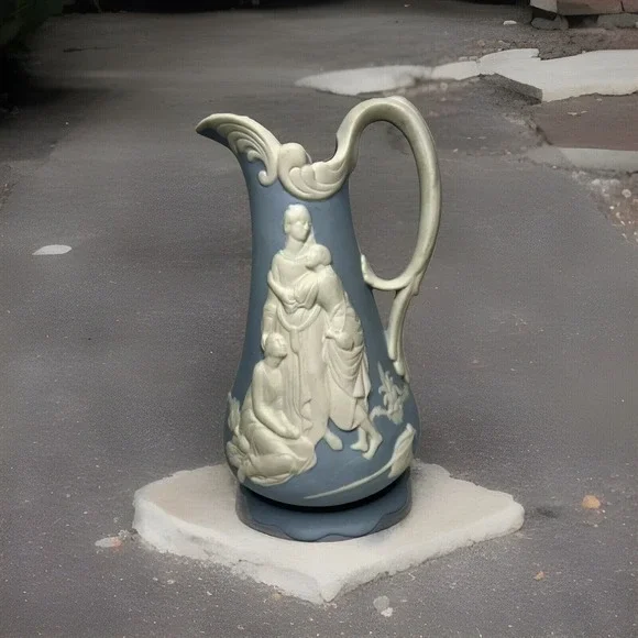 Parian Ware Naomi and Her Daugthers-in-Law Relief Jug Pitcher blue white 1950's