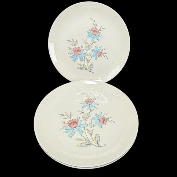Steubenville‎ Pottery Fairlane Dinner Plates Pink Blue Flower USA Set Of 3
