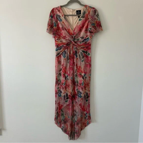 Adrianna Papell Floral Metallic Pleated Twist Front Hi Low Flutter Sleeve Gown 4