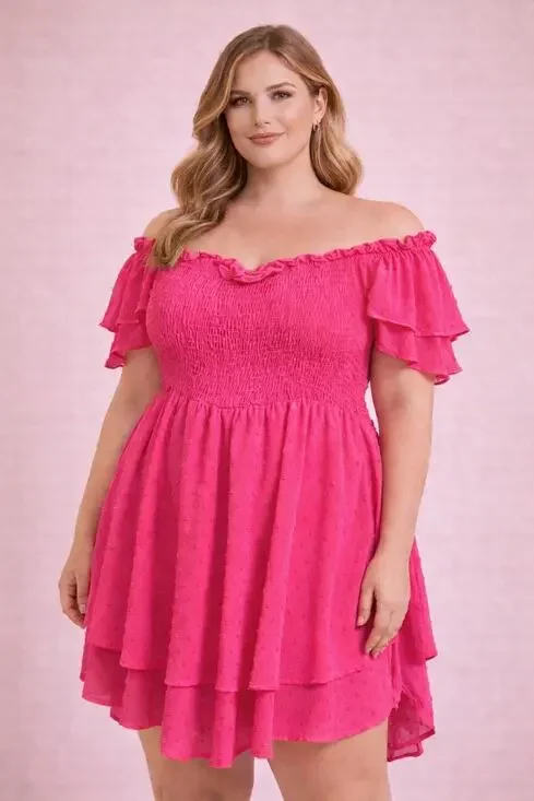 SHEIN Curve 4XL Hot Pink Smocked Babydoll Dress Swiss Dot Ruffle Sleeves