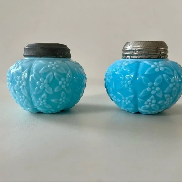 Vintage Blue Glass Floral Salt and Pepper Shakers Set