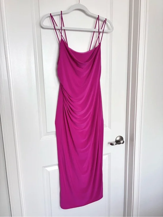 Zara Hot Pink Ruched Bodycon Midi Dress Strappy Barbiecore Slip Dress Small