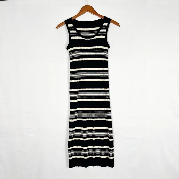 Striped Ribbed Midi‎ Dress Black White Bodycon Size M
