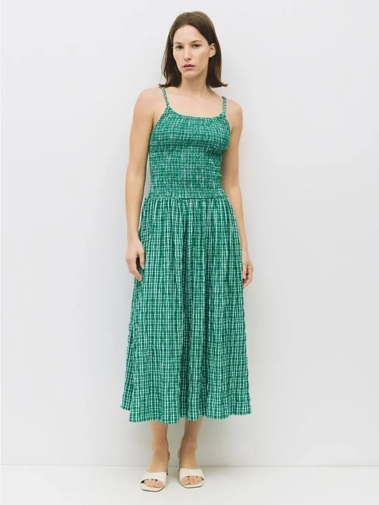 Smocked Green Midi Dress with Adjustable Spaghetti Straps