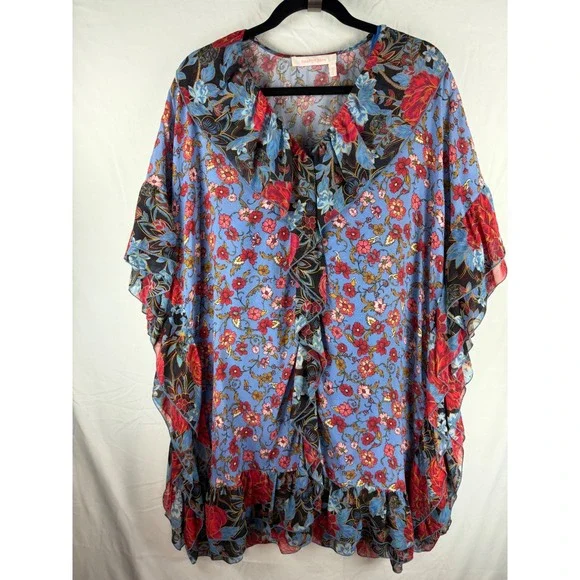 See‎ By Chloe Blue Dream Floral Silk Ruffle Kaftan Dress  Size 36