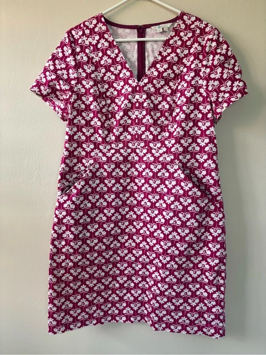 Boden Women’s Size 14 R Dress Pink And White Floral V Neck Pockets