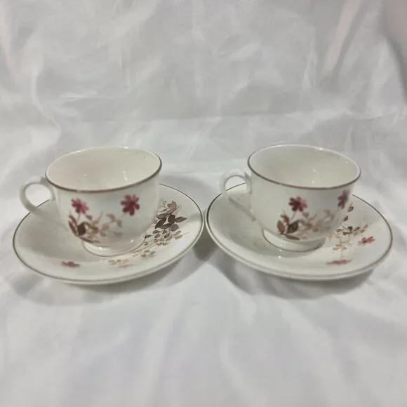 TWO Noritake Versatone Outlook Cup and Saucer Sets Pink Flowers Brown Leaves