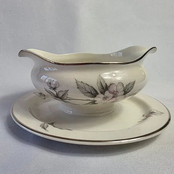 Manor House Spring Glory Gravy Boat & Underplate Pink & White Floral Gray Leaves