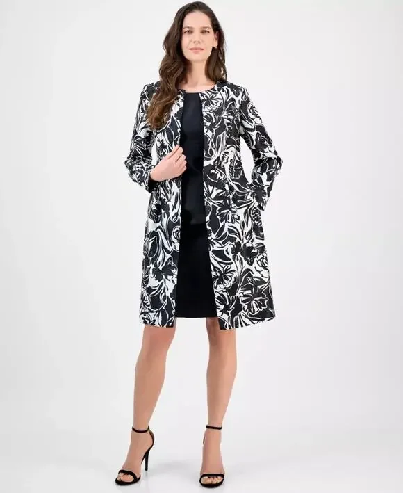 Le Suit Women Black/White Floral Elegant Jacket Topper & Dress Petite Size 14P