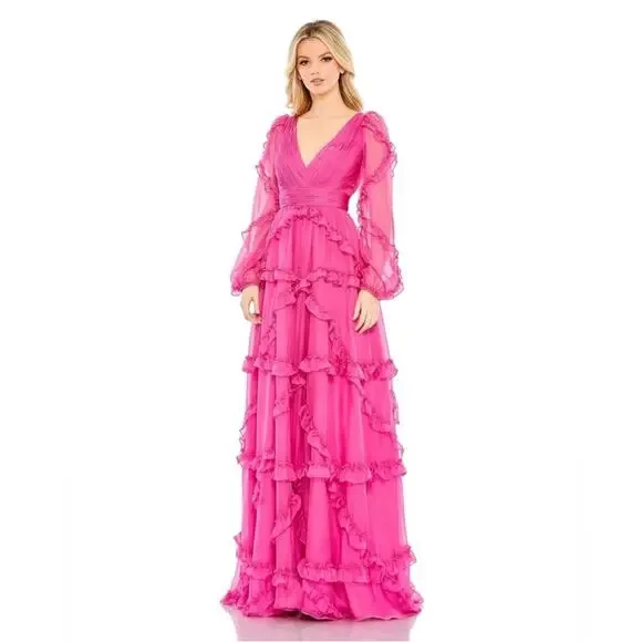 Mac Duggal A68223 Cascaded Ruffles Puff Sleeve Gown