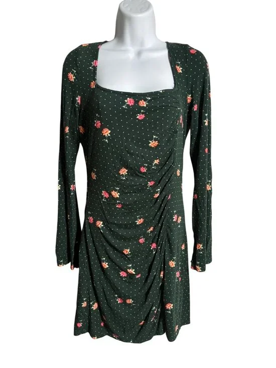 Free People Celia Mini Dress Size S Emerald Jewel Floral Polka Dot Print Ruched