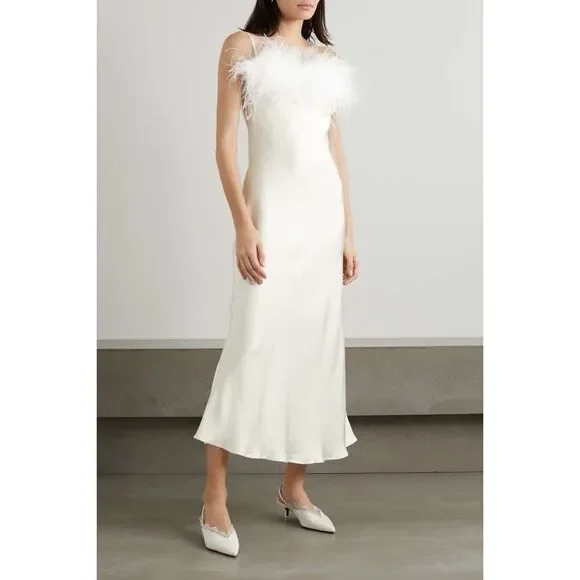 Sleeper White Boheme Feather Trim Slip Dress Size XS 100% Rayon Satin Bridal
