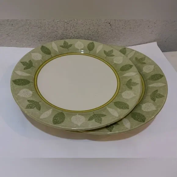 2 Creative dinner plates White&Green Leaves On Green Band, No Trim 10.5” RARE