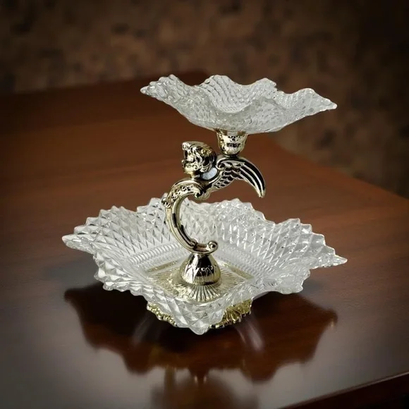 Federal Glass Square Ruffle Diamond Gold Angel 2 Tier Candy Dish Tray ..vintage