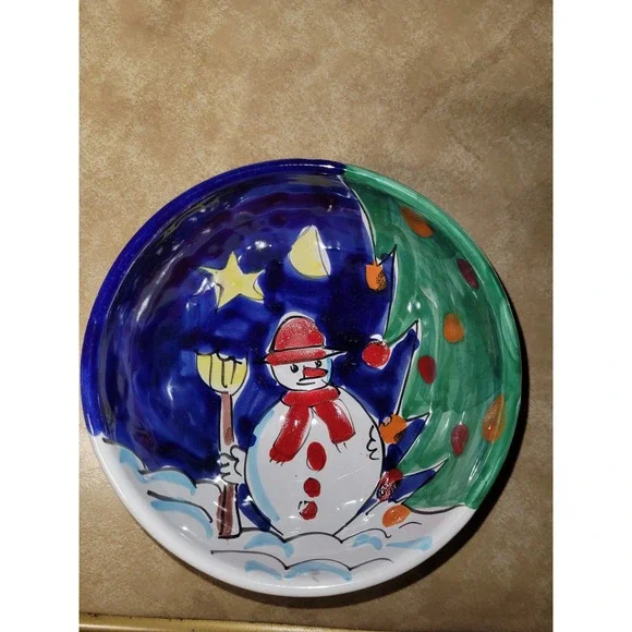 Deruta Hand Painted Pottery Holiday Snowman Tree‎ Bowl Made in Italy