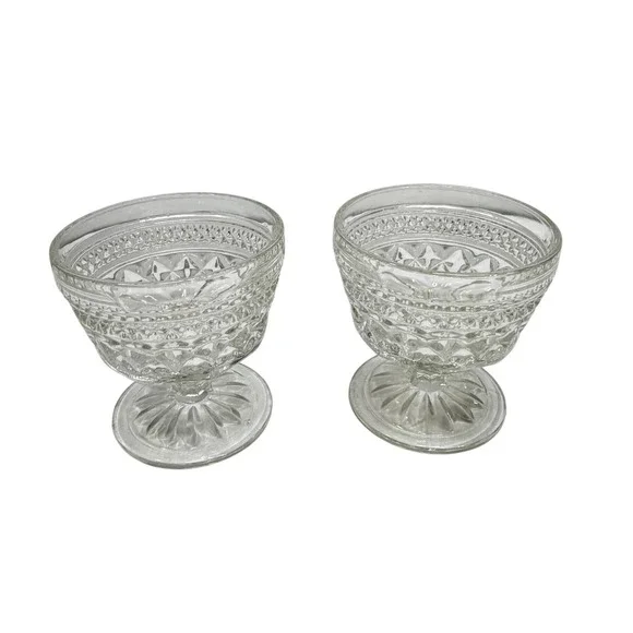 VTG 2 Anchor Hocking‎ Clear Pressed Glass Footed Dessert Sherbet Bowls Diamond