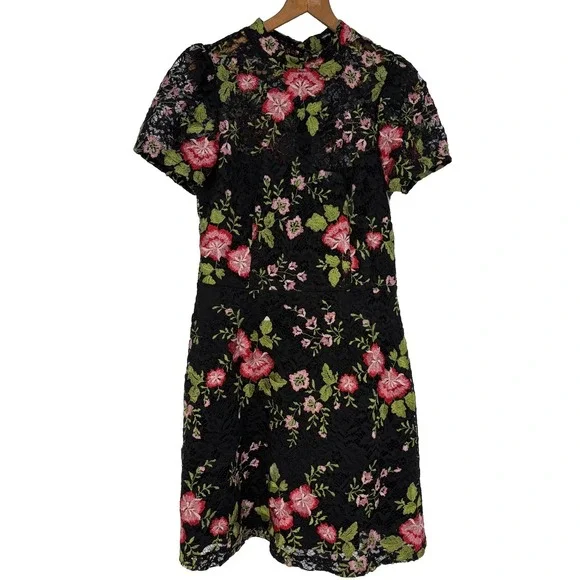 Adelyn Rae Women Woven Lace Sheath Dress L Feminine Embroidered Floral Black NEW
