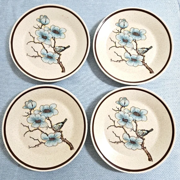 Vintage LENOX Softwind (4) Salad Plates 1970s USA Floral Boho Blue Tan‎ 6